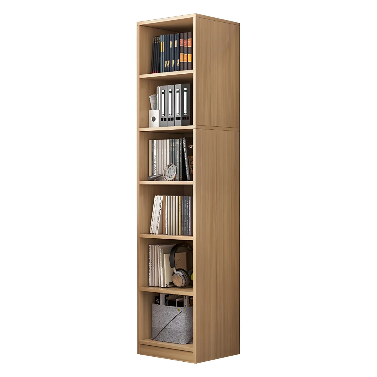 Narrow Tall Brown Wood 6-Shelf Closed Back Bookcase