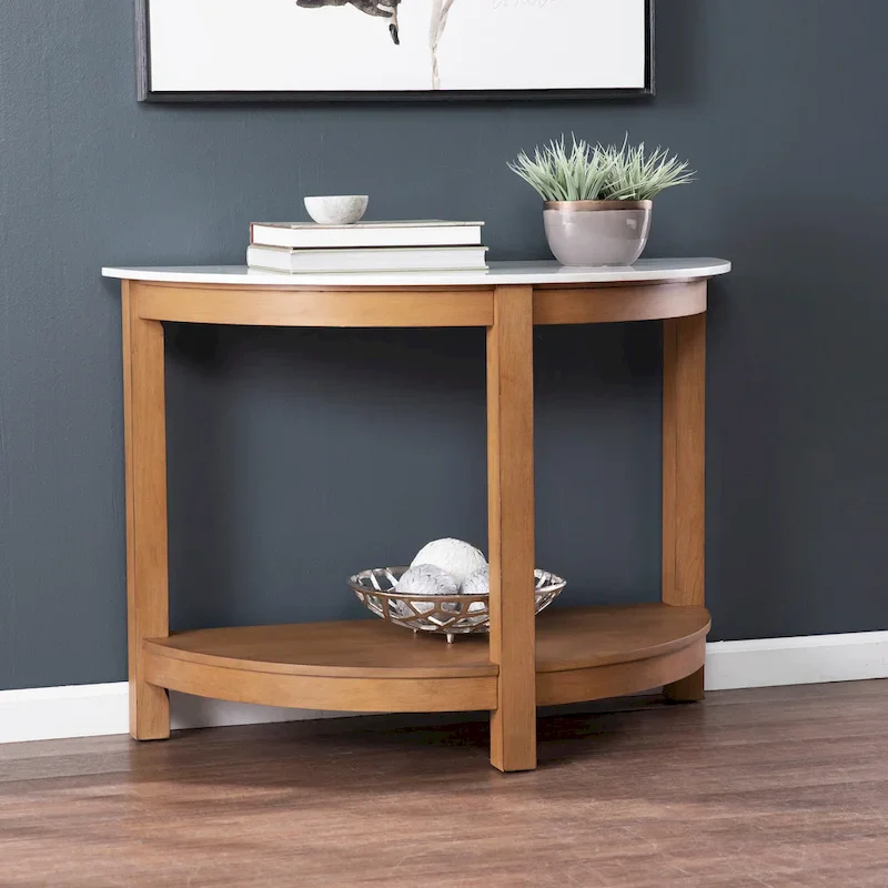 White / Natural Faux Marble Top Two-Tier Console Table for 1