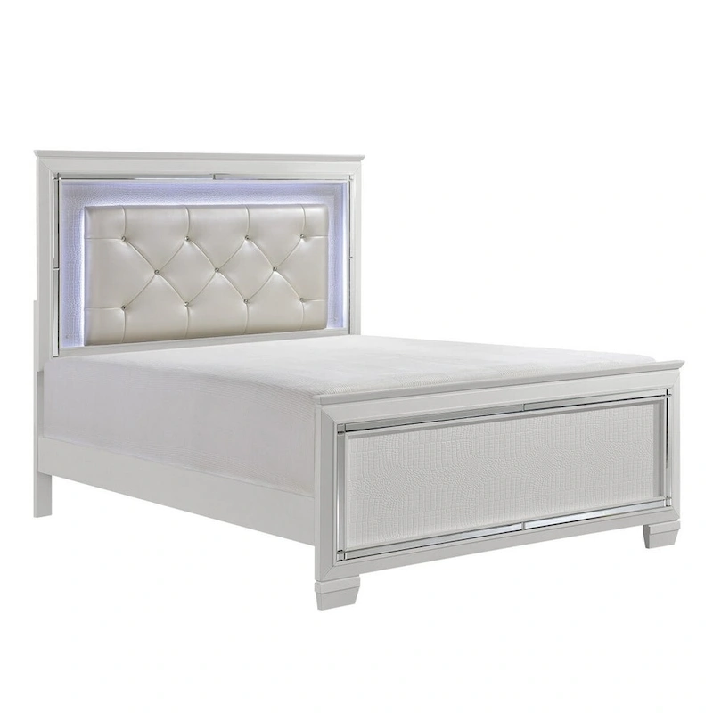 Noah Contemporary Queen Bed, LED Backlit Crystal Tufted Headboard, White