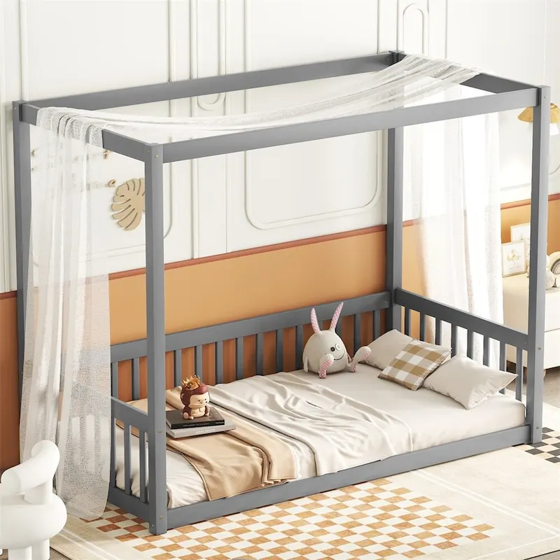 Twin Floor Bed with Canopy Frame & Guardrails, Grey / White / Natural, Single