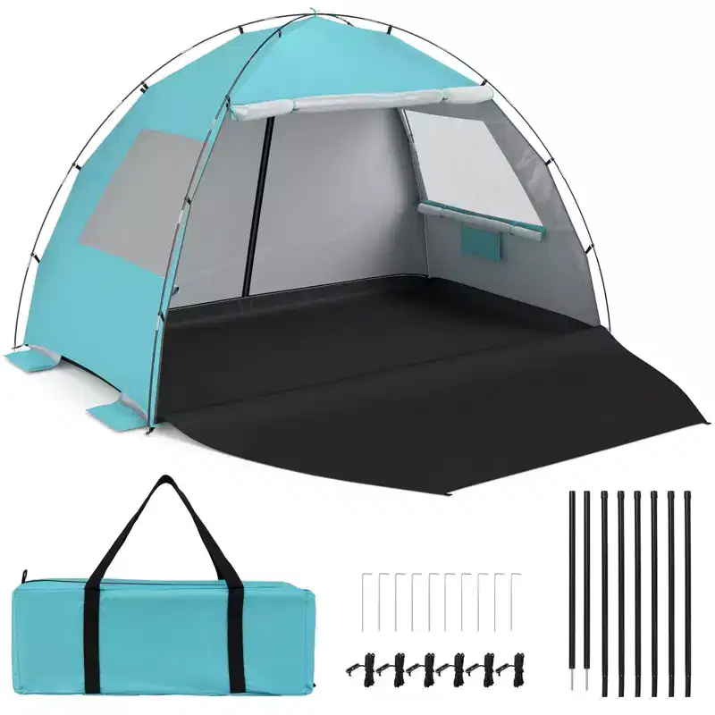Costway Beach Tent Sun Shelter with Canopy Pop-Up 5-6 Person UPF50+ Sun Protection Green/Blue