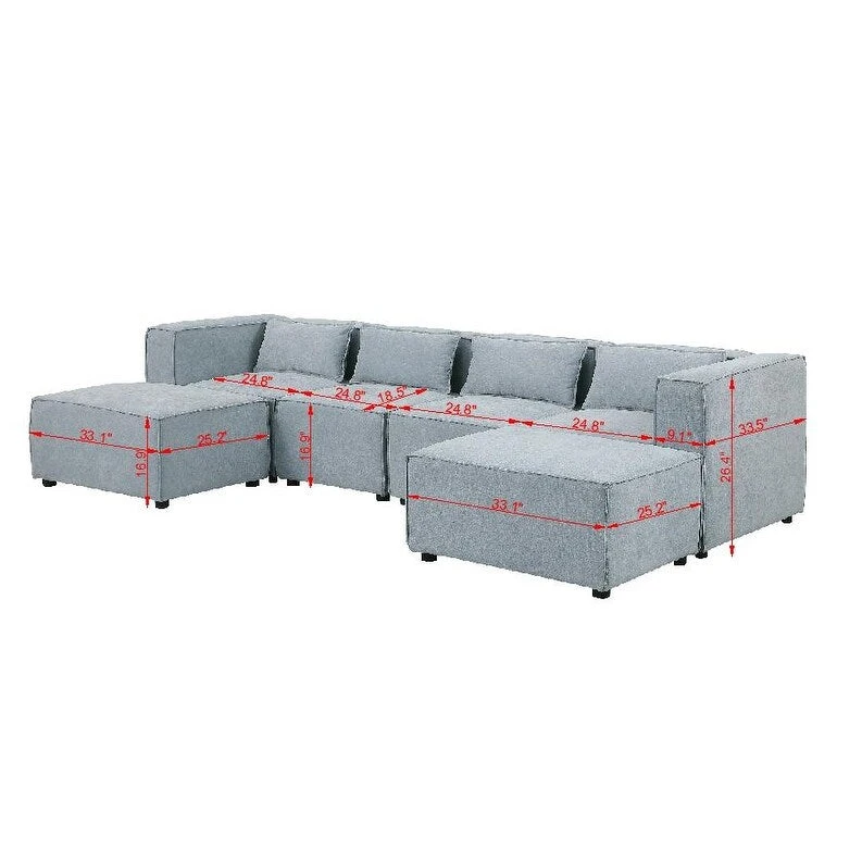 6-Piece Chenille Upholstered U-Shaped Modular Sectional Sofa with 2 Removable Ottoman and Free Combination Design