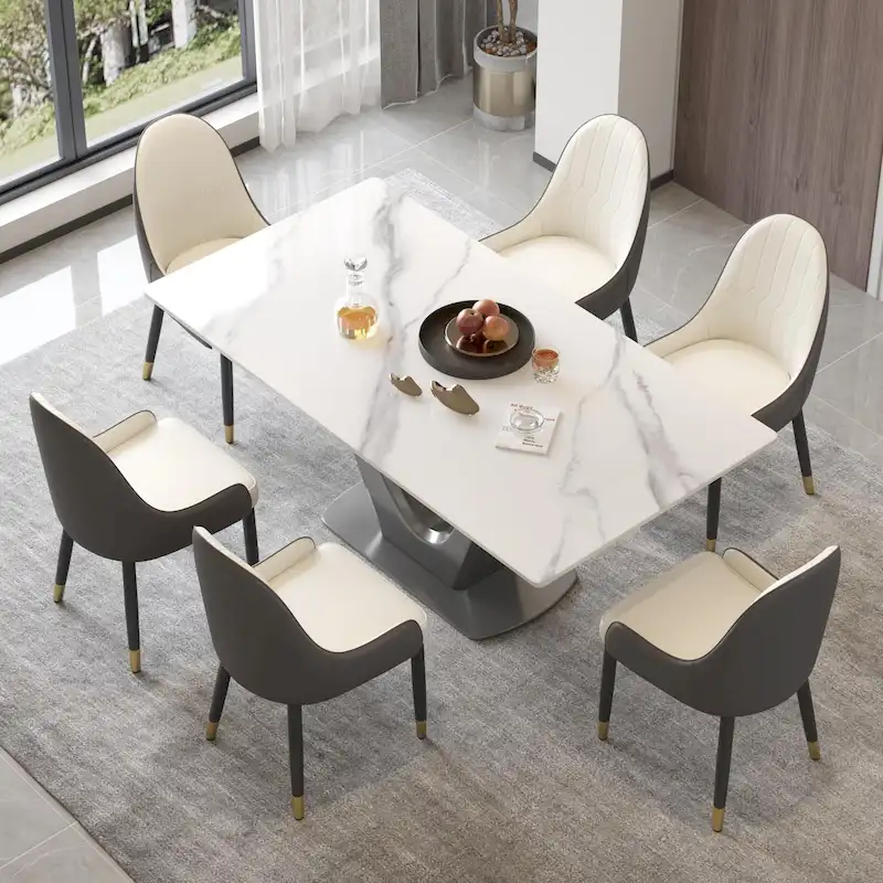 Rectangle Sintered Stone Dining Table with Stainless Steel V-Shape Pedestal