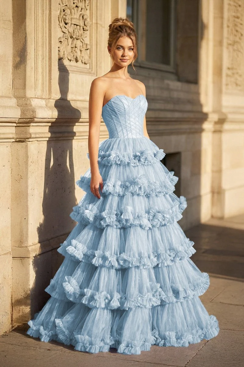 Navy Blue Strapless A Line Tulle Ruffled Long Prom Dresses With Slit