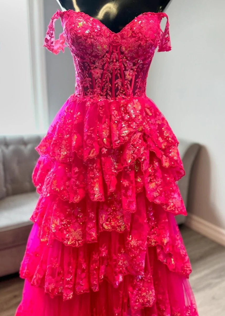 A-Line Lace Off-the-Shoulder Tiered Long Prom Dress with Slit