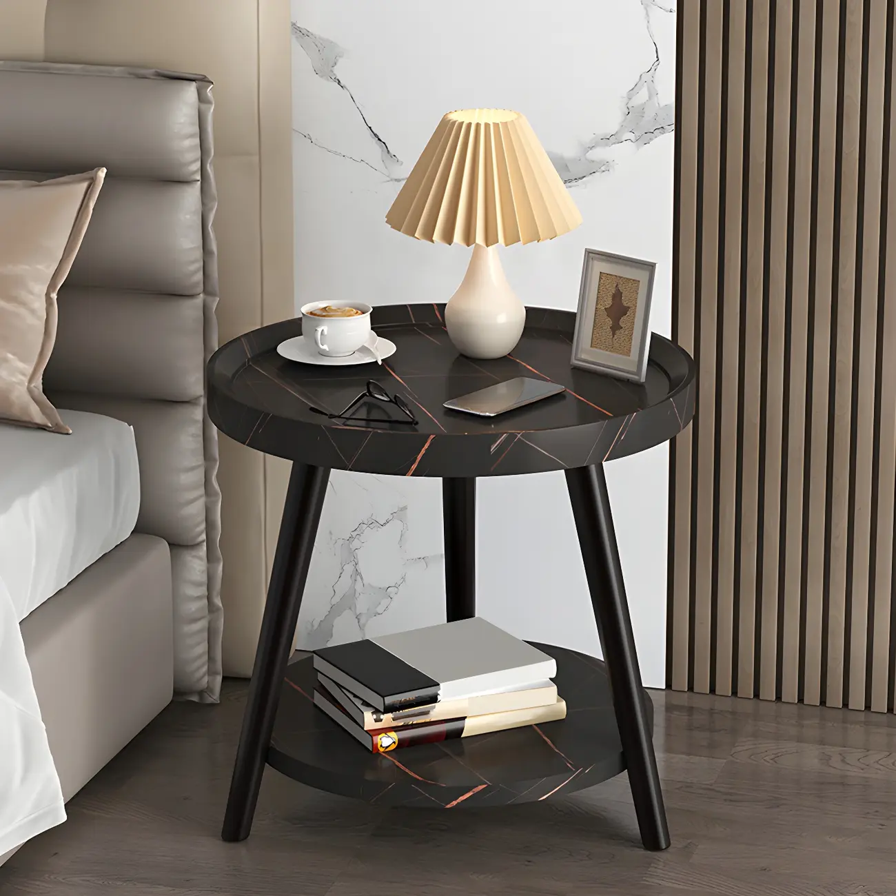 Natural Espresso Wood Small Round End Side Table with Tray Top & Shelf
