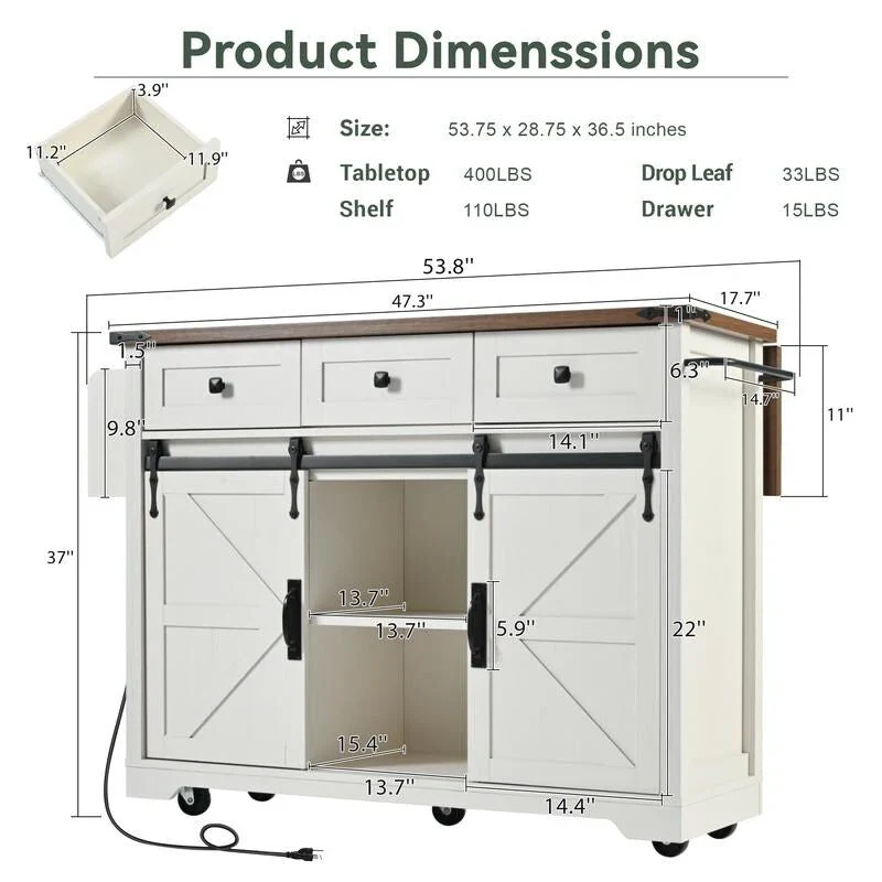 Farmhouse Kitchen Island with Power Outlet, Rolling Kitchen Cart with Drop Leaf