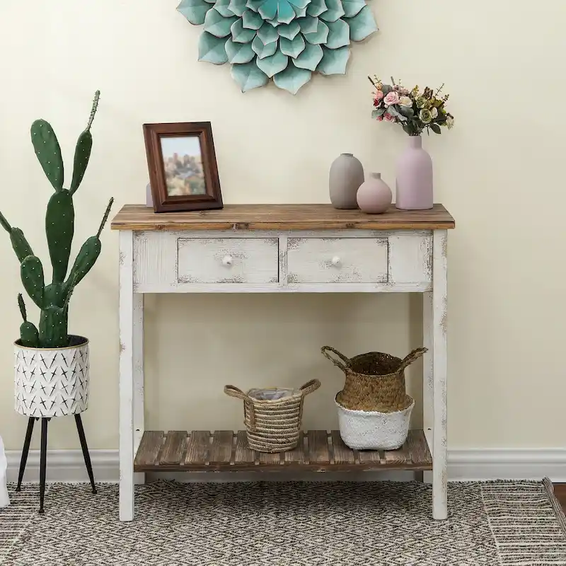 Distressed White and Brown Wood 2-drawer Console Table - 31.5H x 35.4 W x 15.55 D