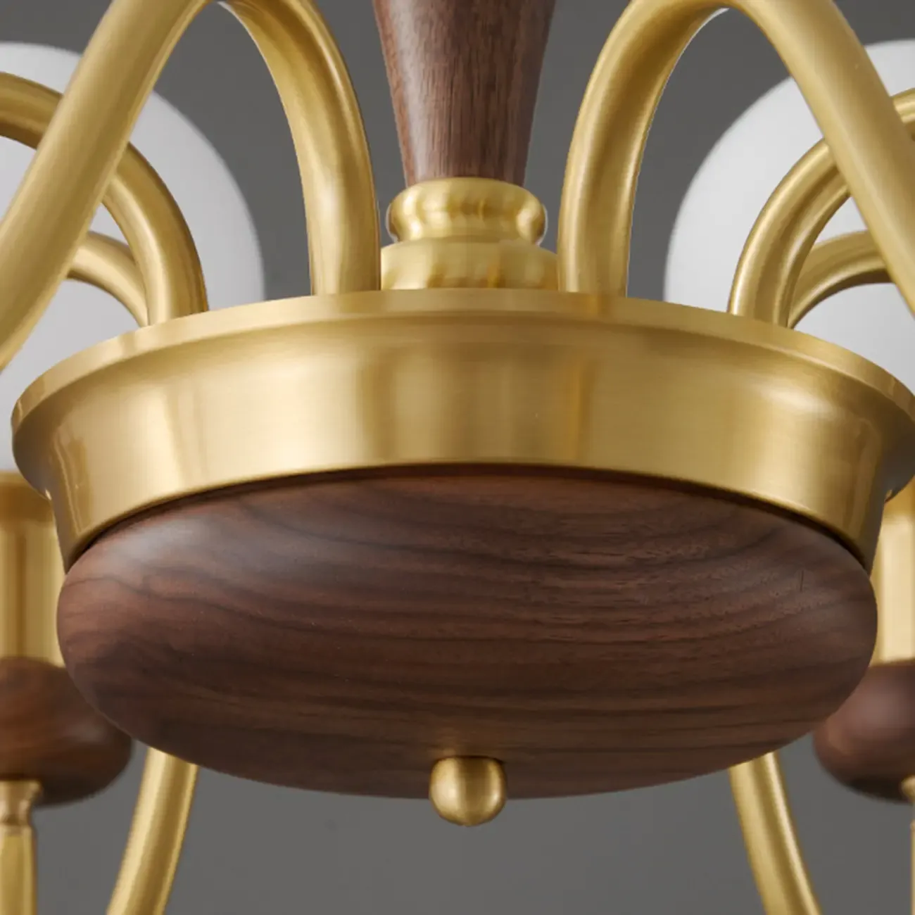 Mid-Century Brass Wood Chandelier with Globe Glass Shade