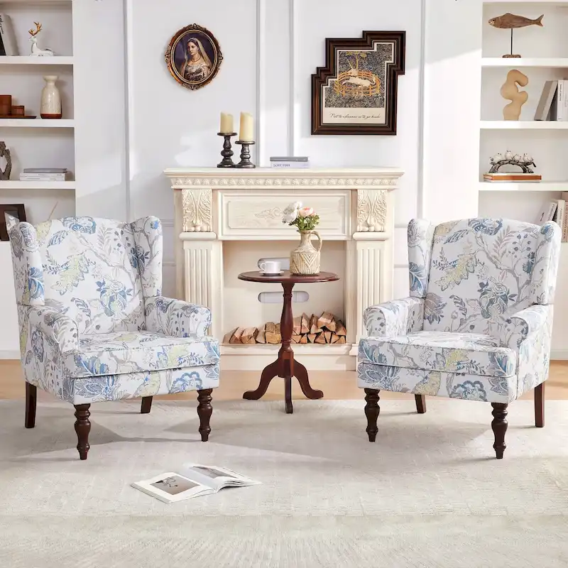 Accent Armchair with Turned Legs Set of 2 Blue/ Beige / Grey