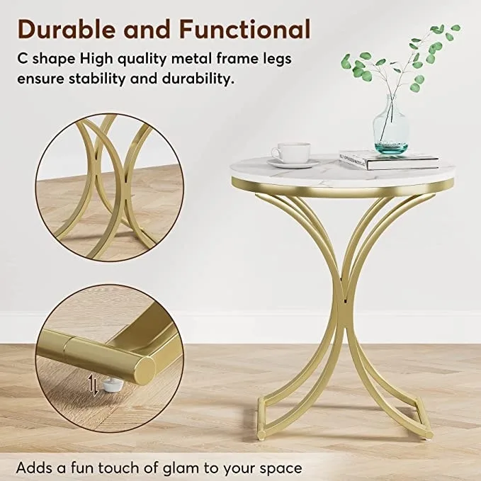 Round Side Table with Faux Marble Top and C-Shaped Metal Legs