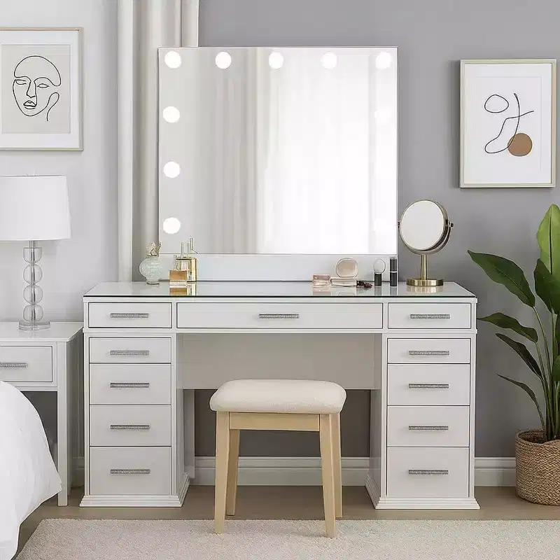 Royal Hamton 3pc LED Mirror Vanity Table Set, Glass Top, Padded Stool, White