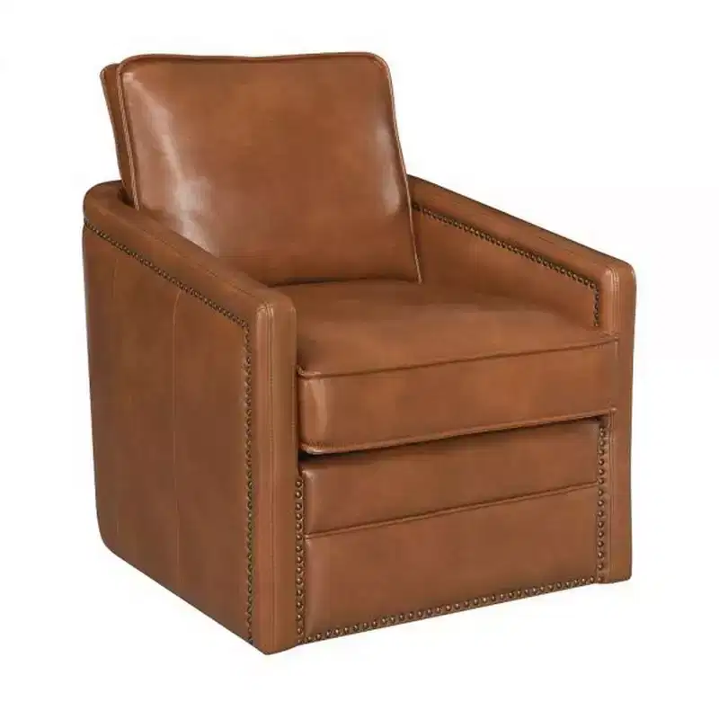 Royal Hampton 34 Inch Accent Chair with Swivel, Faux Leather Upholstery, Brown