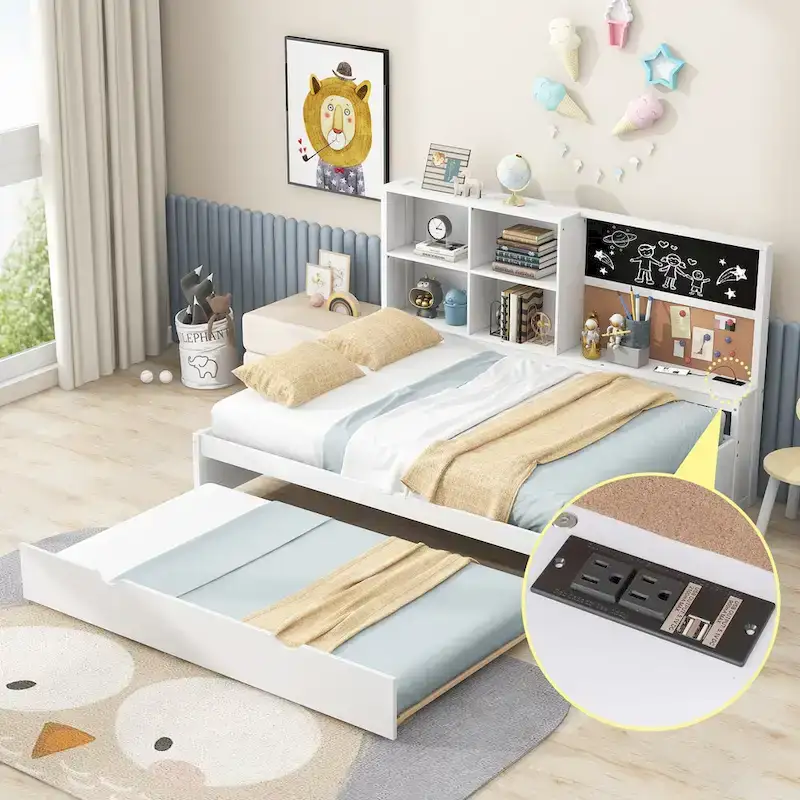 Full Pine Daybed with Blackboard, USB & Trundle