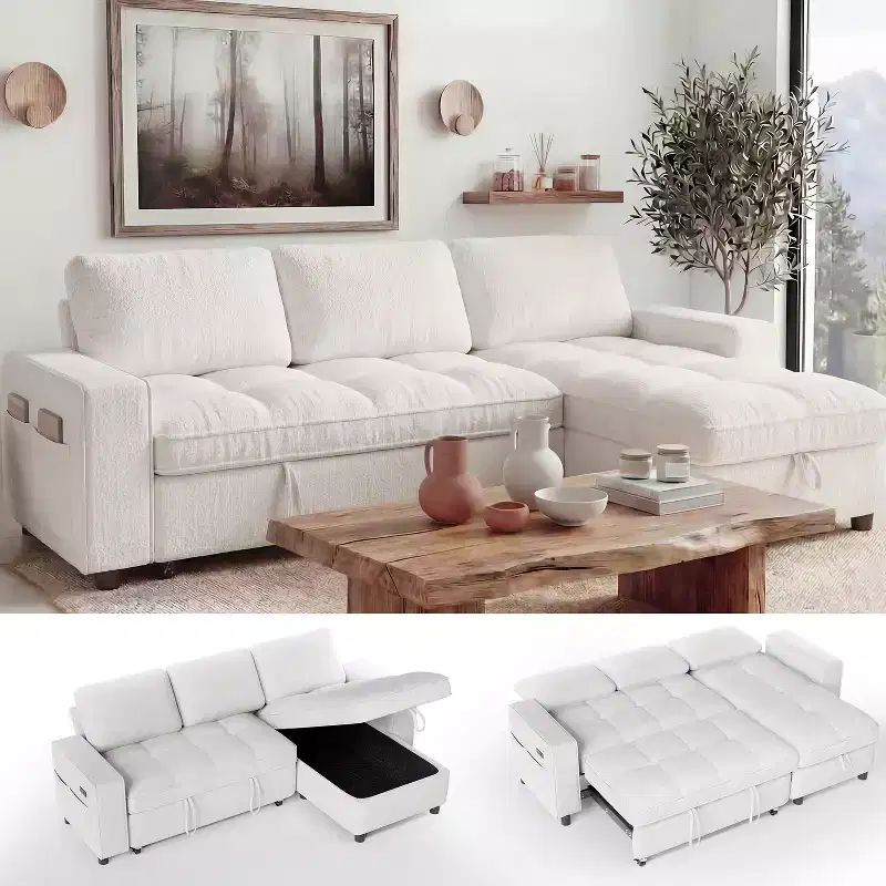 Dyonery 81 L-Shaped Sectional Sleeper Sofa Bed with Pull-Out, Reclining Backrest, Storage Chaise & USB Ports