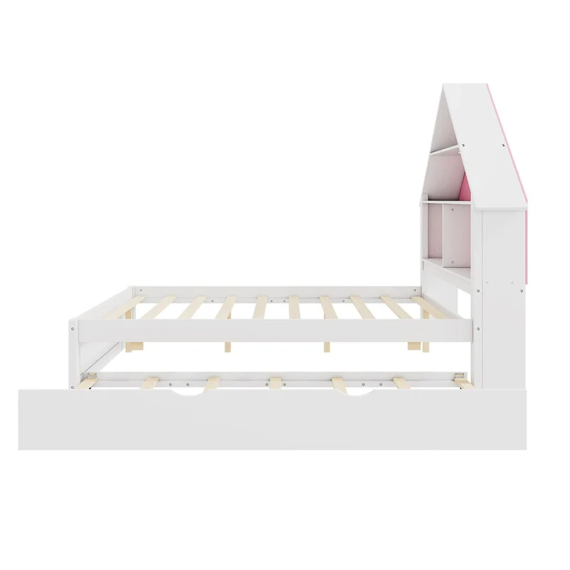 Full Size House-Shaped Bed with Bookcase Headboard and Led Light and Twin Size Trundle for Kids Boys Girls, Pink+ White