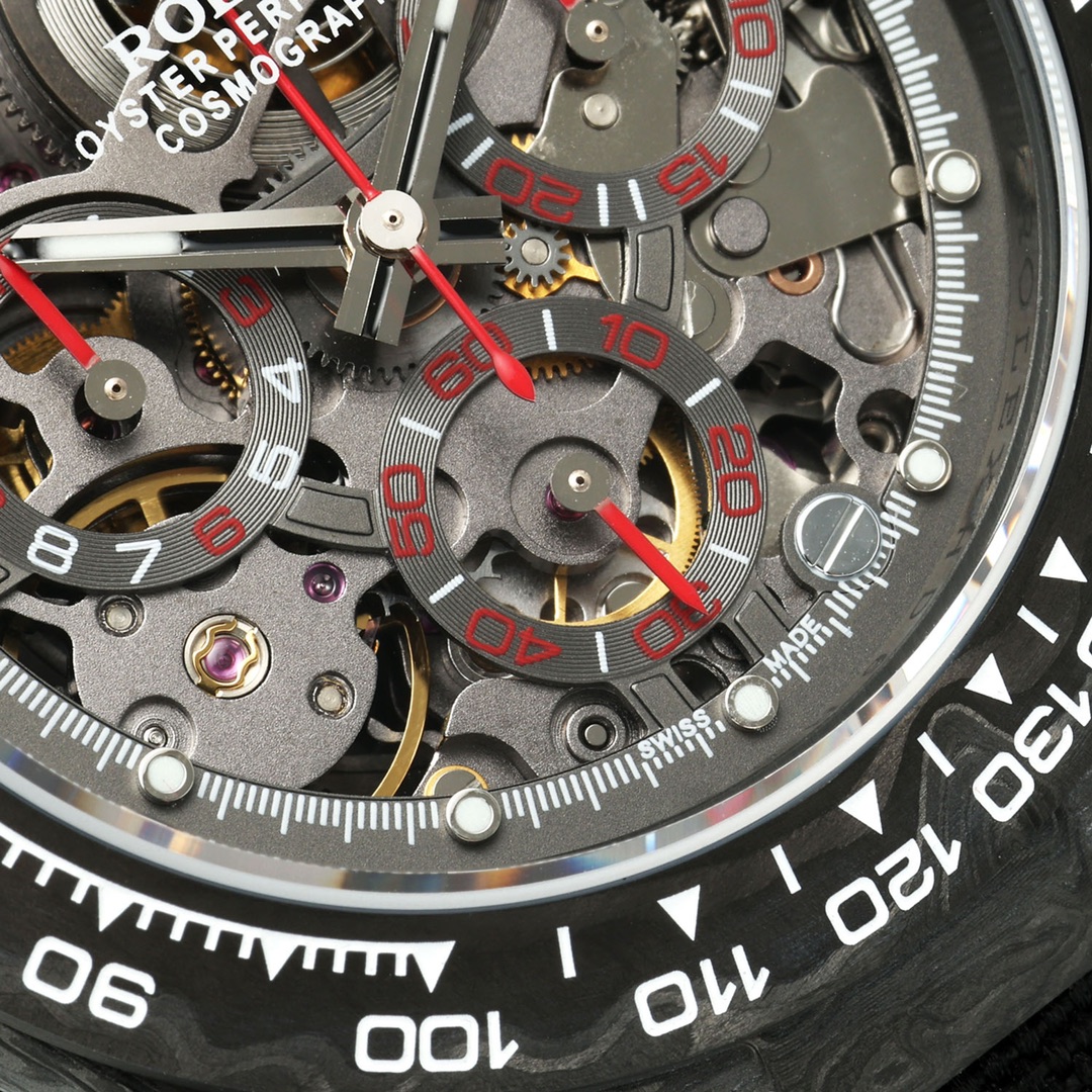 Close-up high-detail photograph of the replica watch dial with open-worked skeletonized design, carbon fiber bezel, and visible mechanical movement components