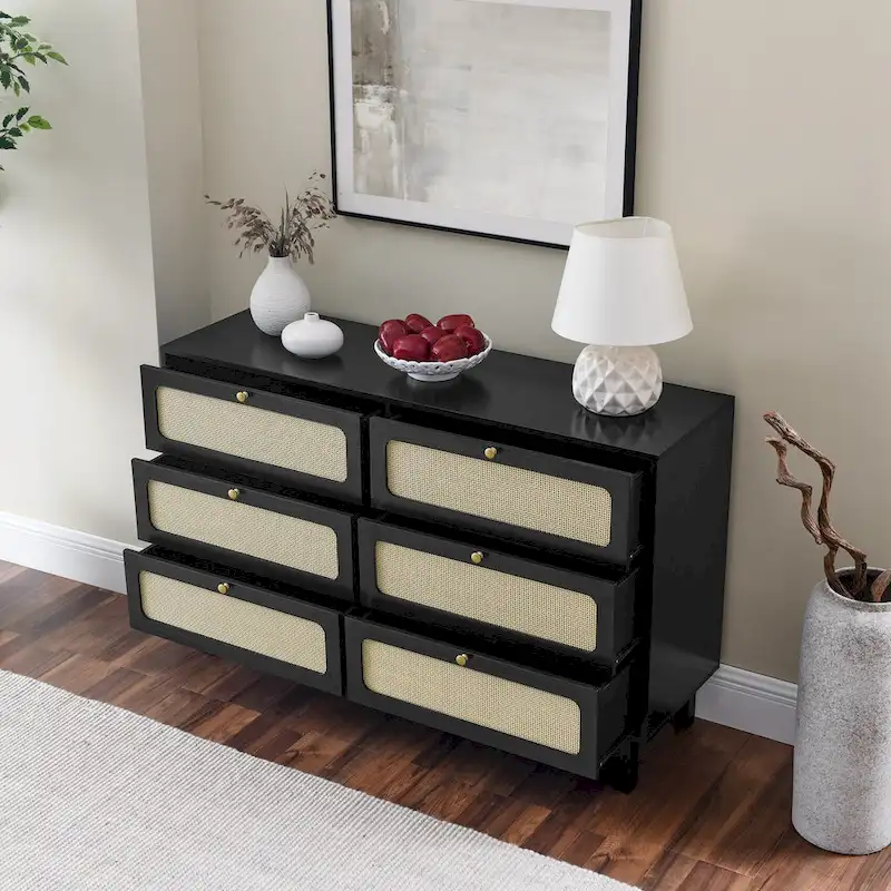 6-Drawer Dresser with Rattan Weave Fronts - Wood - 56 Inch