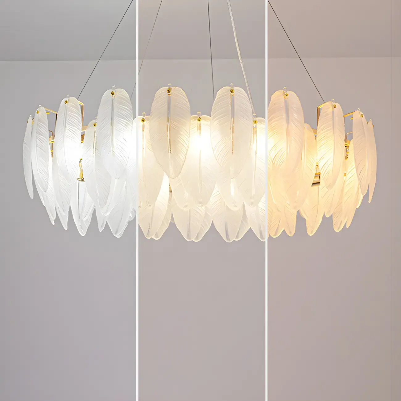 Elegant White Glass Feather Round Chandelier