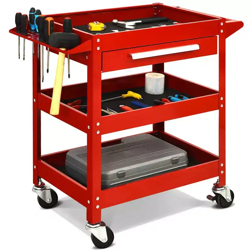 Red 3-Tray Rolling Tool Cart with Drawer – Single User