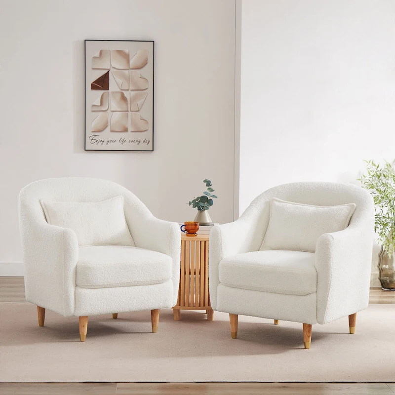 VANOMi 28.34 W Set Of 2 Accent Armchair, Velvet Barrel Chair with Solid Wood Legs