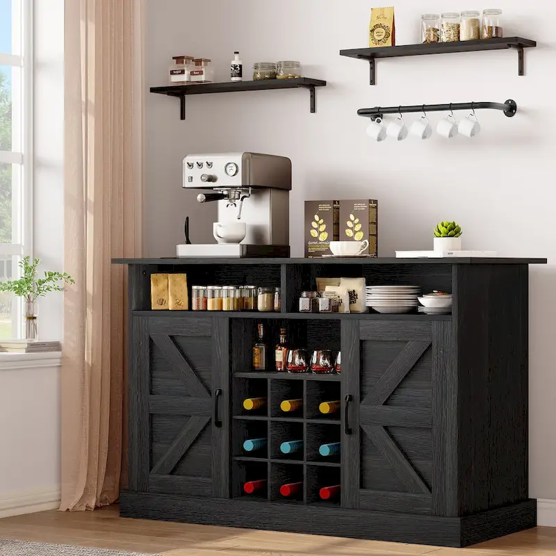 47 Farmhouse Coffee Bar Cabinet with Floating Shelf