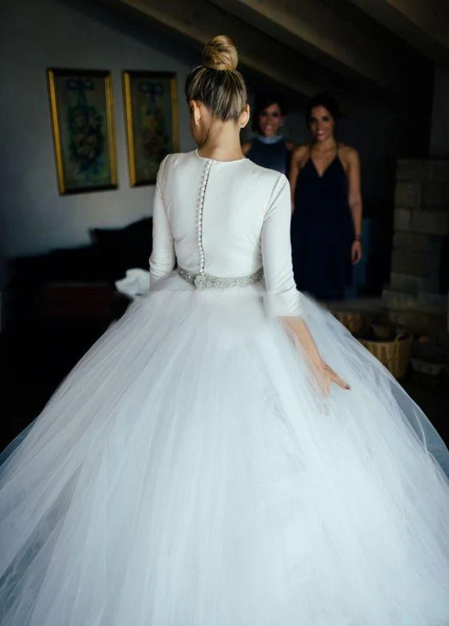 Spandex 3/4 Sleeves Covered-Button Wedding Dresses with Rhinestones Belt