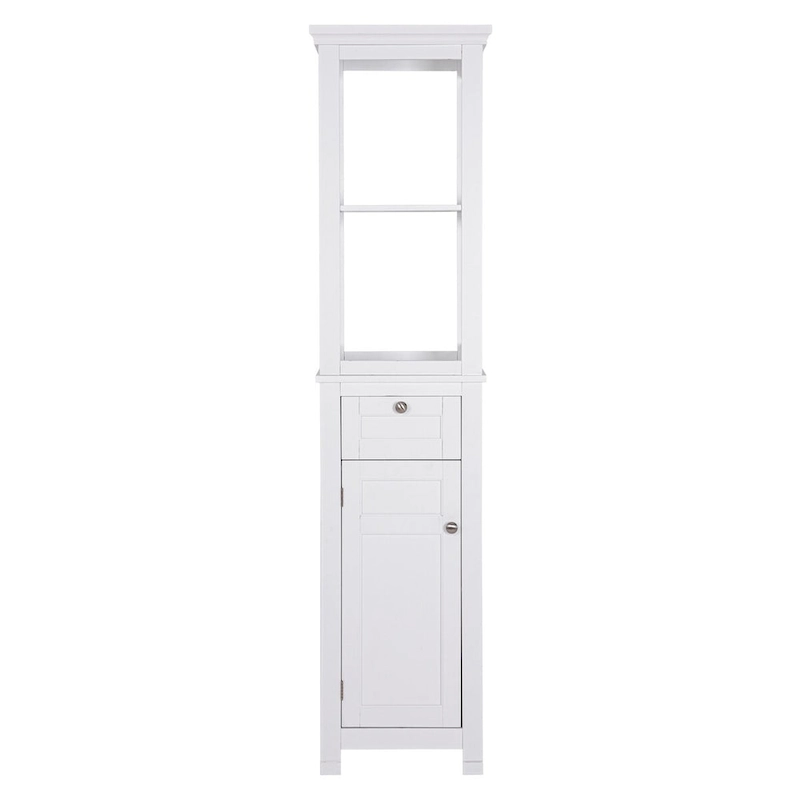 COSTARS Home Bathroom Freestanding Storage Cabinet with Two Tier Open Shelves, Tall Slim Tower with Door and Drawer