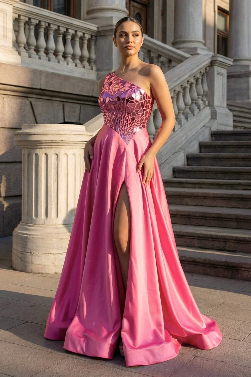 A Line One Shoulder Sequins Long Prom Dress with Slit