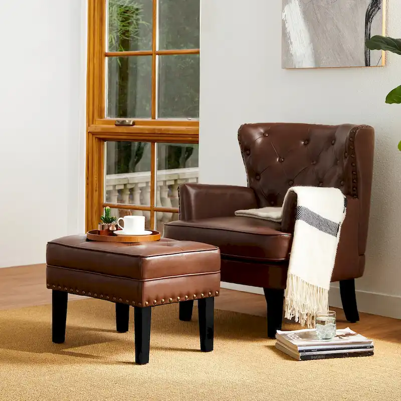 Glitzhome Set of 2 22W Leatherette Button-tufted Foot Stools Ottomans