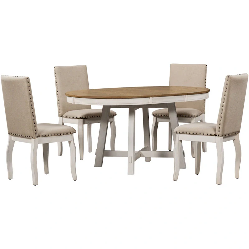 5-Piece Wooden Dining Table Set with Extendable Round Table & 4 Chairs