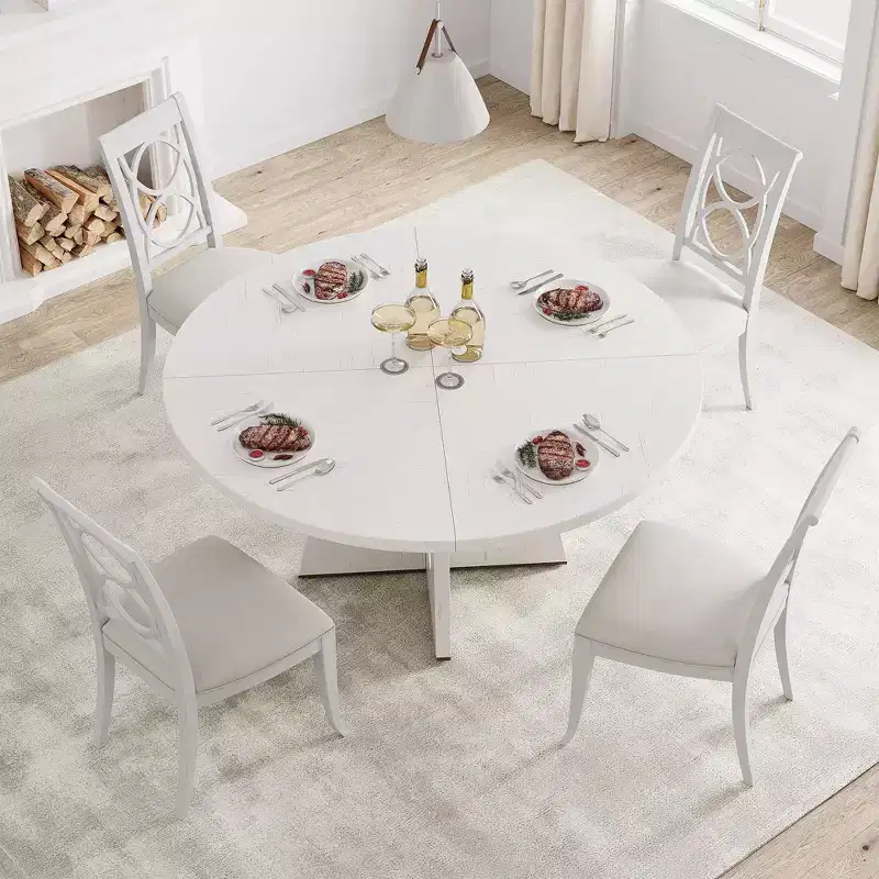 47 Round Wood Dining Table for 4-6 People - Farmhouse Kitchen Table with Cross Base and Mid Century Design