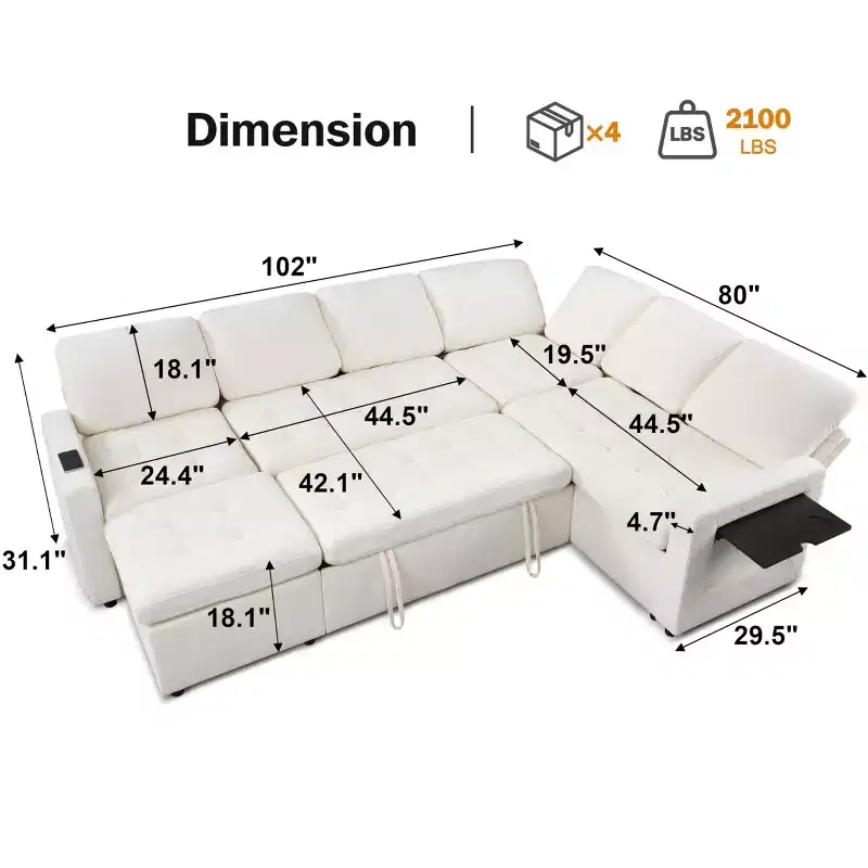 Dyonery 7 Seat L Shaped Modular Sectional Sleeper Sofa Bed with Pull Out Bed/Reclining Backrest/USB Ports/Table/LED Light/Storage Seat, Chenille