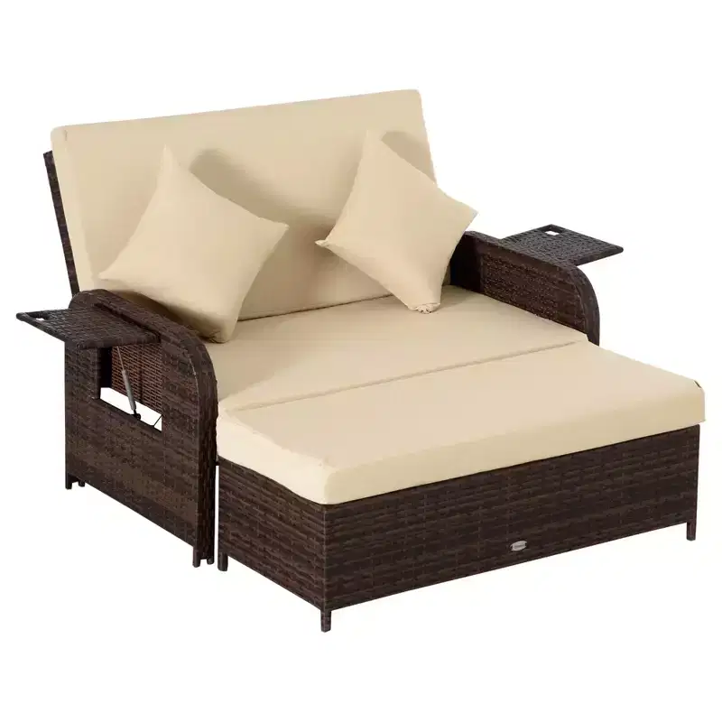 Patio Rattan Daybed with Cushions, Wicker Outdoor Bed Lounger w/ Loveseat, Storage Ottoman & Side Tables, for Poolside, Porch