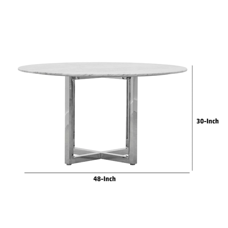 Eun 48 Inch Round Dining Table with Marble Top, Cross Base, Chrome