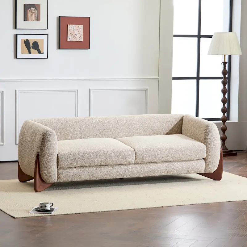 Off-White Boucle 3-Seat Sofa with Birch Wood Legs