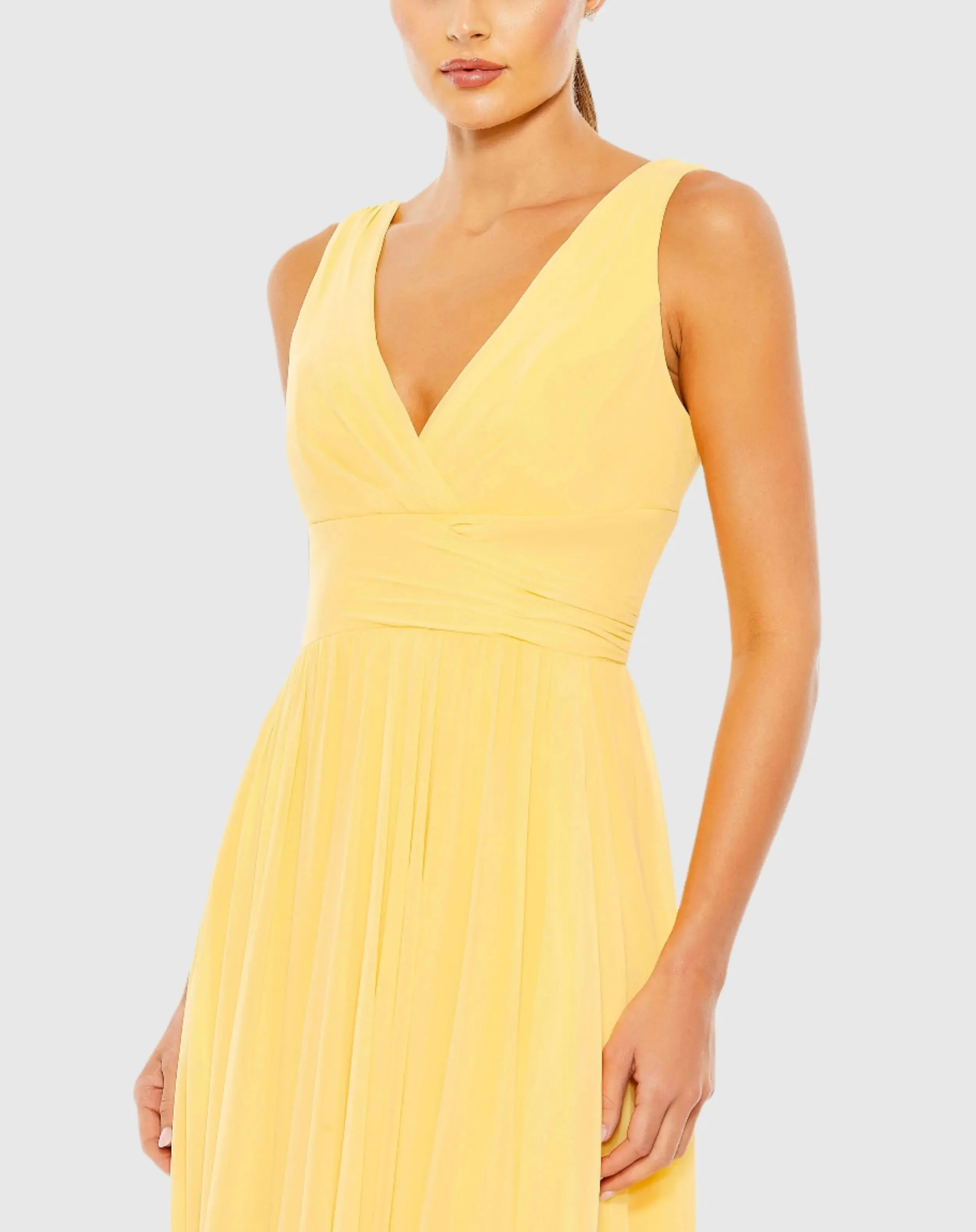 Yellow Chiffon Sleeveless Wrap Over A Line Gown
