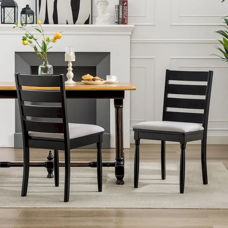 Black / Walnut Ladder Back Armless Dining Chair, Set of 2