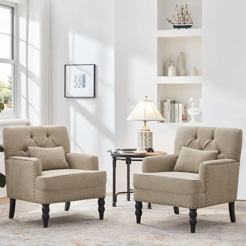 Set of 2 Arm Chair Upholstered Button Tufted Accent Chair with Lumbar Pillow Beige/ Grey/ Light Blue