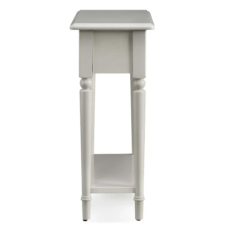 White Wood Narrow Side Table with Drawer and Shelf