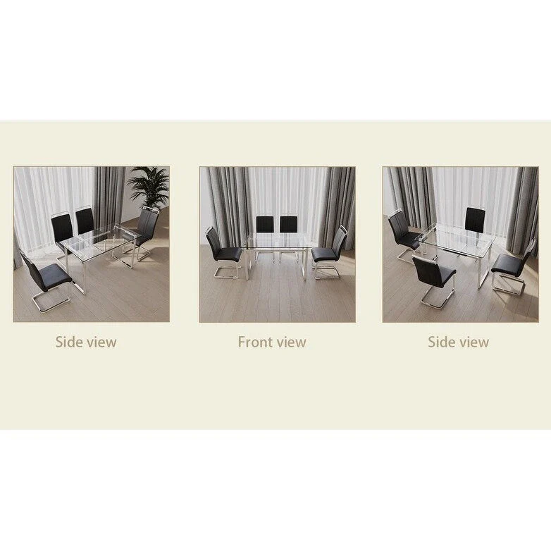 Modern 5-Piece Dining Set with Rectangular Glass Table & High Back Silver-Plated Legs Dining Armless Chairs