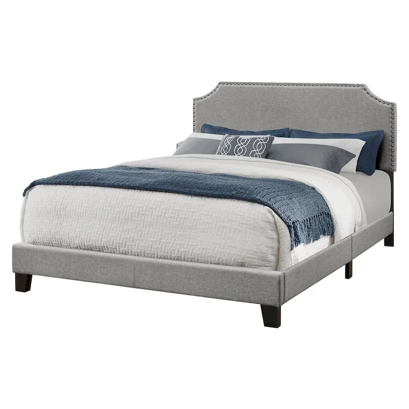 Grey Polyester Upholstered Queen Bed Frame with Headboard and Nailhead Trim