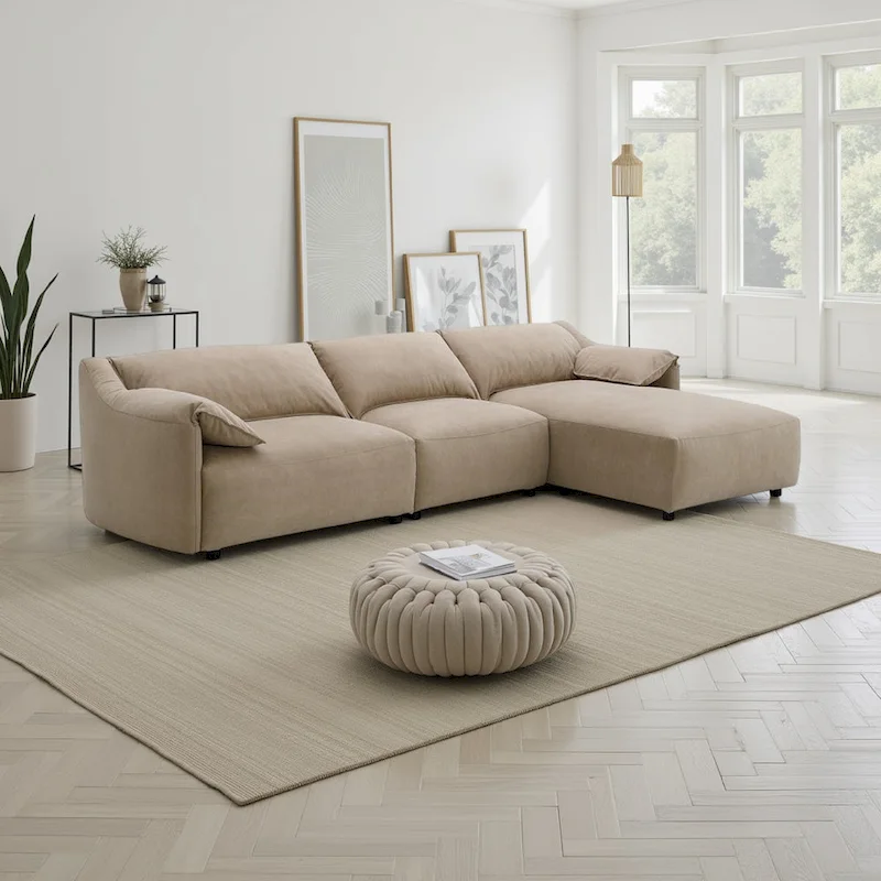 Vety L Shaped Sectional Sofa, Pillow Arm, Light Brown Nubuck Leather