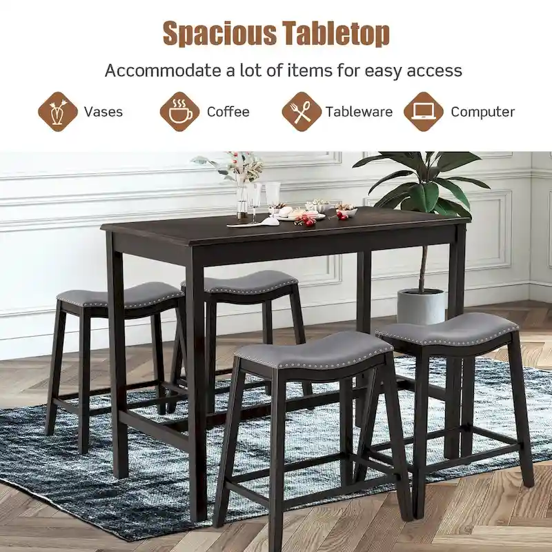 Costway 5PCS Bar Table Set Counter Height Table & Upholstered Saddle
