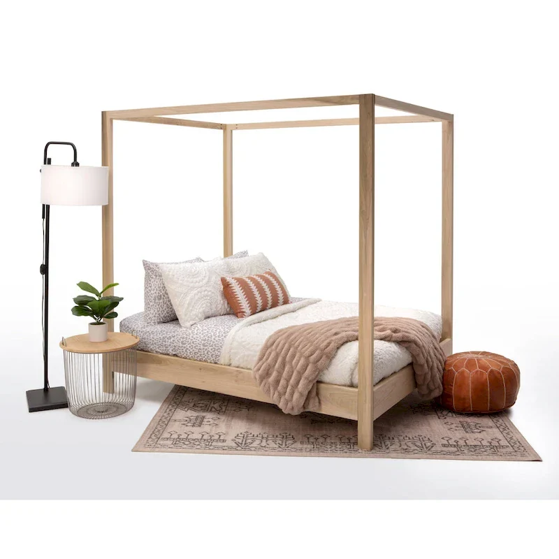 Natural Wood Full Size Canopy Bed, 2-Person