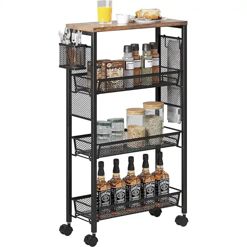 Wood Kitchen Cart 4-Tier Storage Mobile Utility with Wheels and Baskets