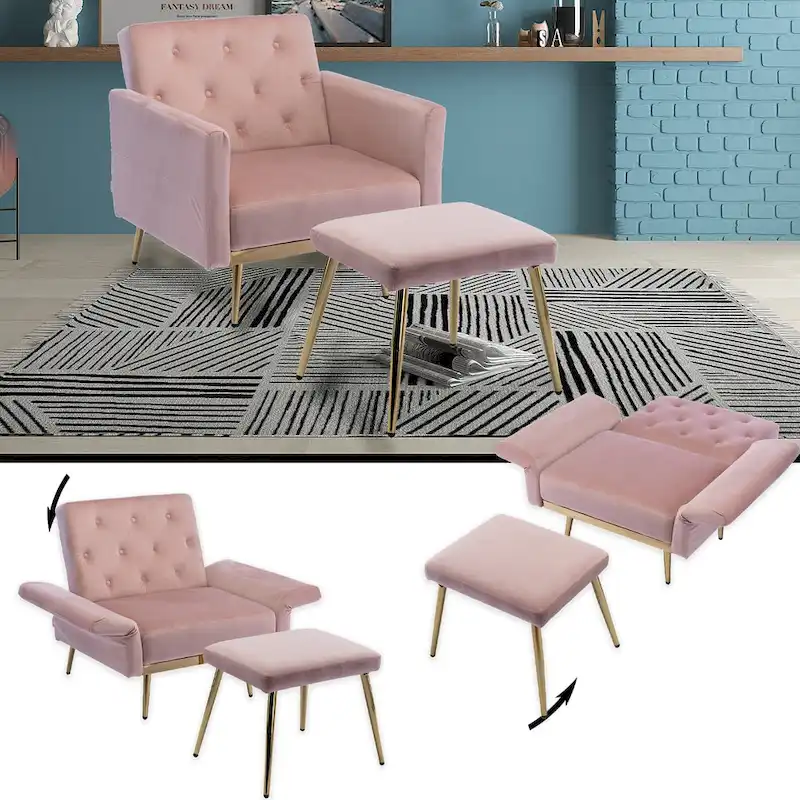 HOMEFUN Velvet Tufted Adjustable Armrests and Backrest Armchair with Ottoman