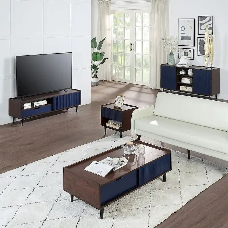 Modern Ribbed Coffee Table with Drawer and Shelf