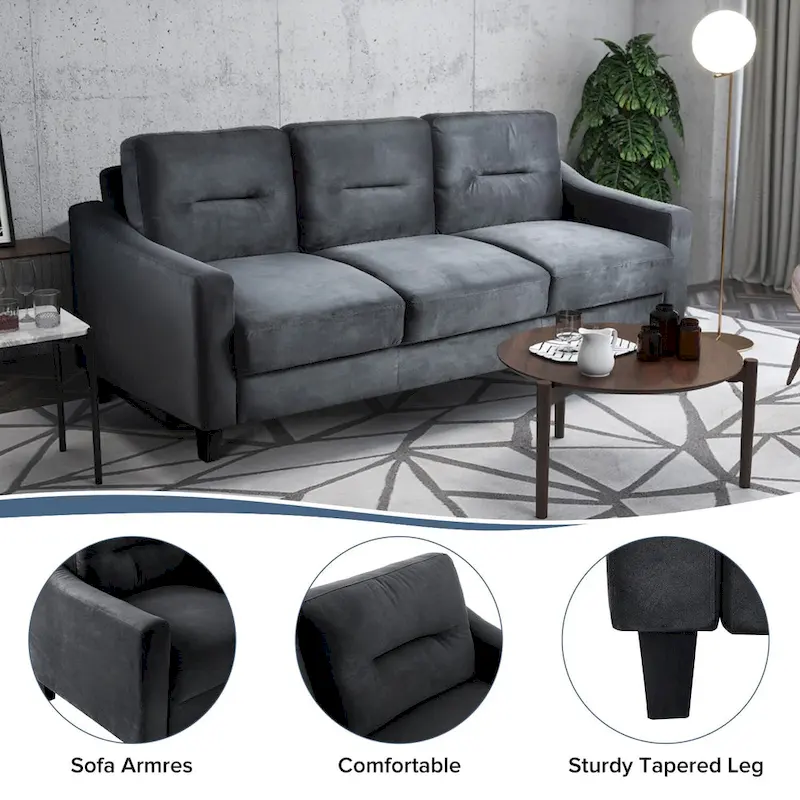 Black 76.7 Velvet 3-seater Sofa with Hardwood Frame and High-Density Foam