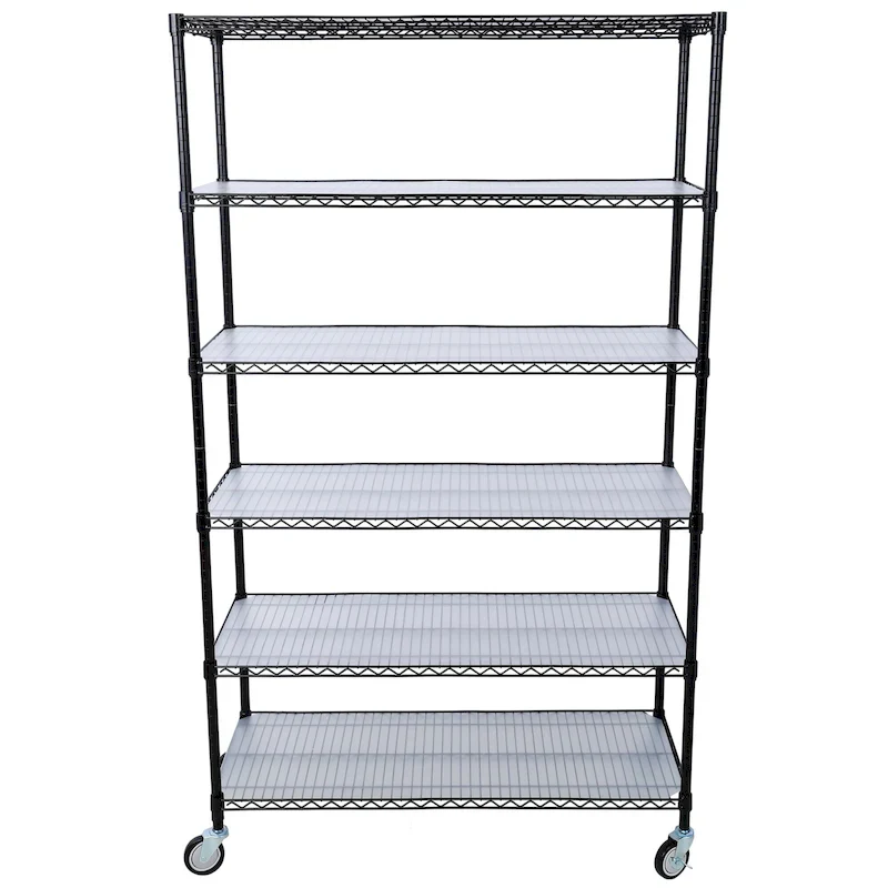 Black / White / Chrome 6-Tier Wire Shelving Unit with Wheels, 1-Person Assembly